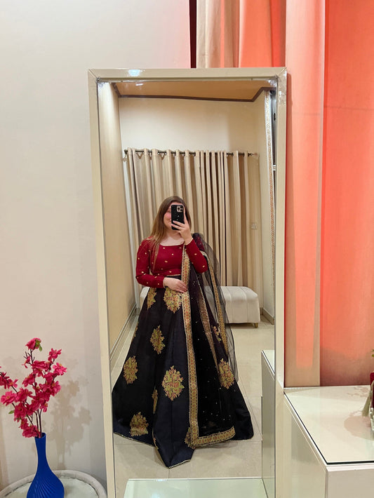 Embroidered & Printed Lehenga Choli 3pcs Set With Hand bag