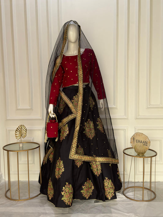 Embroidered & Printed Lehenga Choli 3pcs Set With Hand bag