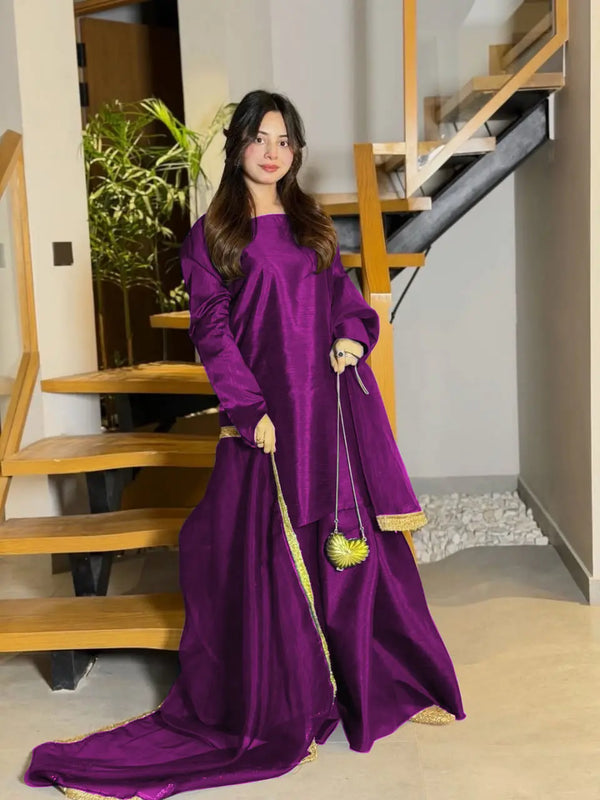 Long Flare Sharara With Fancy Lace Dupatta 3pc Suit